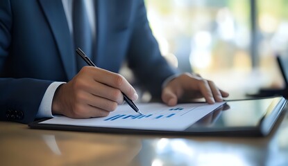 Close up of a businessman's hand signing a document on a table.