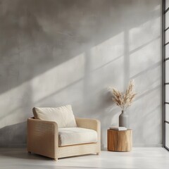 Japandi Minimalist Living Room with Accent Armchair and Grey Mock-Up Wall | Modern Interior Design -- 1:1