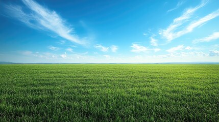 Obraz premium A serene landscape featuring a vast green field under a bright blue sky with scattered clouds, ideal for nature-themed projects.