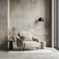 Japandi Minimalist Living Room with Accent Armchair and Grey Mock-Up Wall | Modern Interior Design -- 1:1