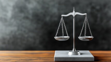 Silver Justice Scales on Wooden Table with Gray Background