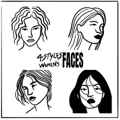 4 styles of women&rsquo;s faces in different postures, outline art style, representing the beauty of women.