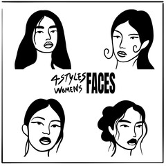 4 styles of women&rsquo;s faces in different postures, outline art style, representing the beauty of women.