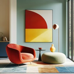 Mid-Century Scandinavian Living Room with Colorful Multicolored Furniture Design