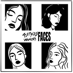 4 styles of women&rsquo;s faces in different postures, outline art style, representing the beauty of women.