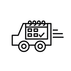 A simple line art illustration of a delivery truck with a calendar and check mark.
