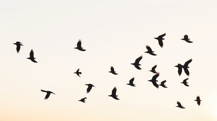 Fototapeta premium A flock of birds fly in formation against a clear sky. The birds are silhouetted against the bright light, creating a dramatic and beautiful image.