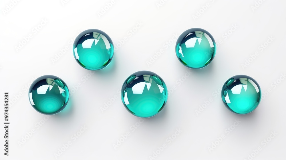 Poster five shiny turquoise spheres arranged in a symmetrical pattern on a white background.