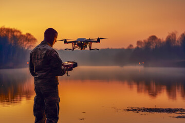 The  man in military uniform carefully launches a drone copter near a riverbank at dusk