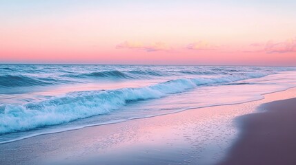 A serene beach at sunset, showcasing gentle waves lapping against the shore with soft pastel colors in the sky.