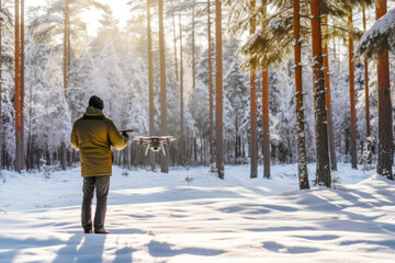 The man  carefully launches a drone copter in a snowy forest with tall pine trees