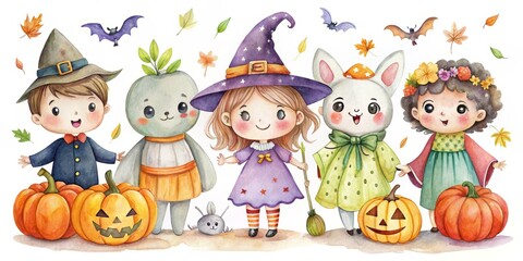 Playful watercolor halloween illustrations with cute characters