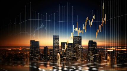 A city skyline at night with a financial chart overlayed on the image. The chart shows a strong upward trend, symbolizing growth and success.
