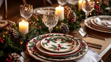 Fototapeta premium Festive Christmas Dinner Table Setting with Candles, Pine Cones, and Holly