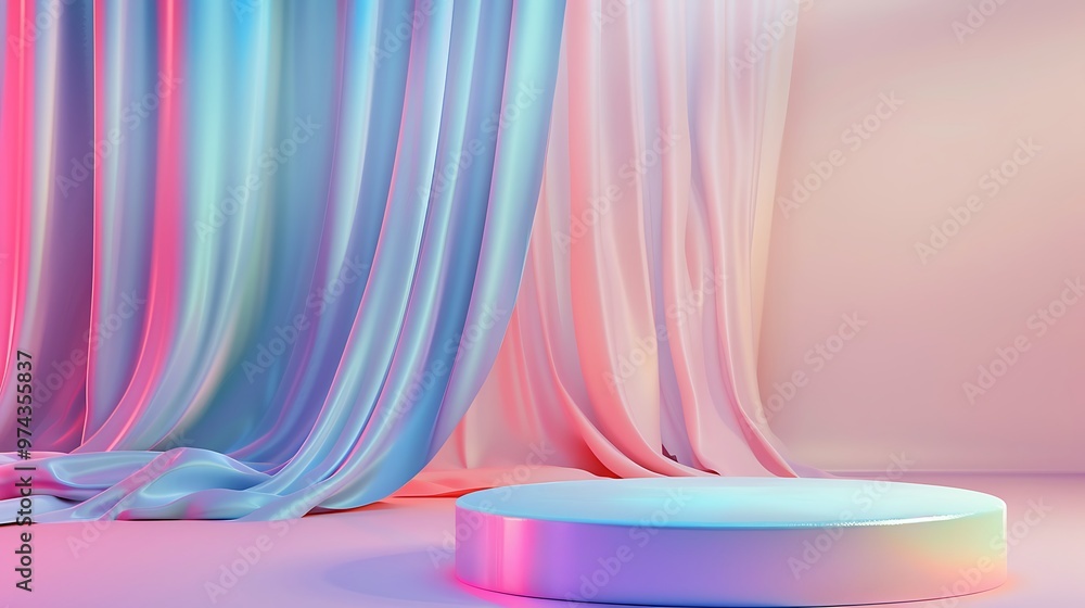 Poster abstract background with a round podium and colorful curtains.