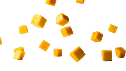 Falling Mango cube isolated on white background, full depth of field. Yellow cubes falling PNG