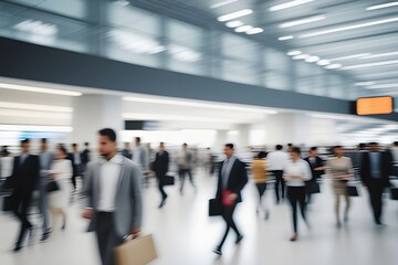 blurred business people in a modern corridor.
