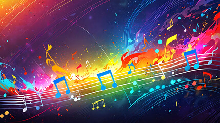 A symphony of musical notes dances in a colorful background