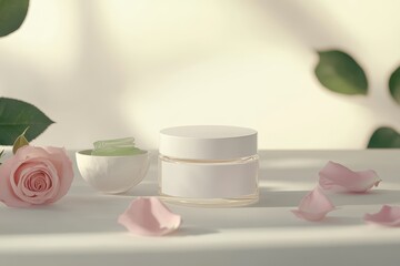 A serene arrangement of skincare products with rose petals and leaves, emphasizing beauty and wellness.