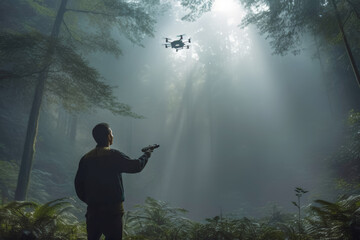 The man uniform carefully launches a drone copter at the edge of a lush forest