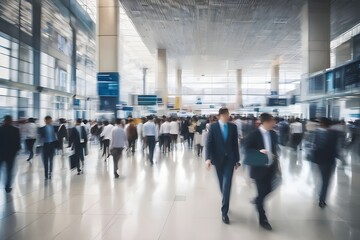 blurred business people in a modern corridor.