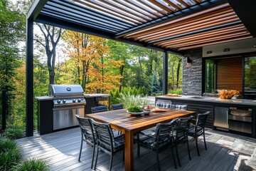 Fototapeta premium Modern Outdoor Kitchen and Dining Area Surrounded by Autumn Foliage in a Serene Backyard