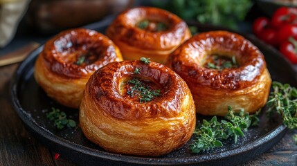 golden crispy yorkshire puddings traditional british recipe homemade baking fluffy interior savory snack delicious meal side perfect for sunday roast breakfast dinner lunch treat