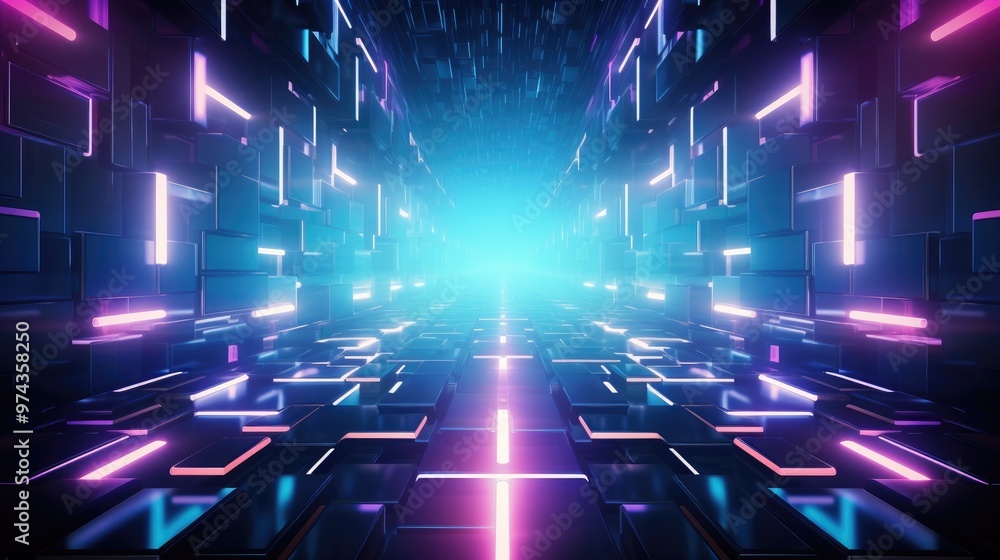 Aufkleber a futuristic and abstract background with glowing neon lights and a grid of reflective squares.