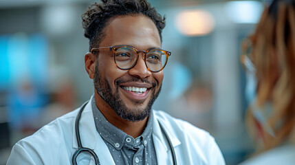 Fototapeta premium Young confident doctor smiling wearing lab coat and stethoscope in hospital setting