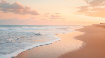 A serene beach scene at sunset with gentle waves lapping on the shore, creating a tranquil atmosphere and beautiful hues.