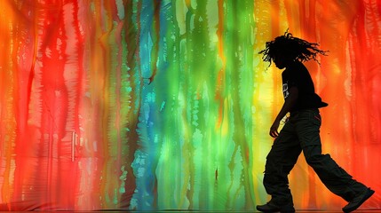 A silhouetted figure walking against a vibrant, multicolored background of red, green, and blue hues. The colors blend in a fluid, artistic manner, creating a lively atmosphere.