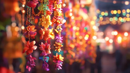 Fototapeta premium Colorful Diwali garlands hanging in marketplace, festive mood, 3D illustration