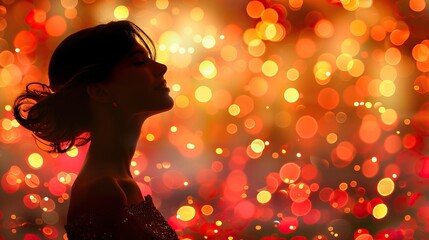 A silhouette of a woman against a vibrant, colorful bokeh background featuring warm tones of red, orange, and gold. 