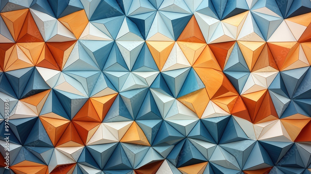 Poster abstract geometric background with a pattern of triangles in blue, orange, and white.