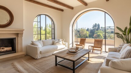 Rustic Coffee Table in Mediterranean Cottage Living Room with Fireplace and Arched Windows