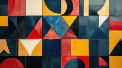A collection of geometric tiles in bold colors like red, blue, and yellow, arranged in a symmetrical pattern