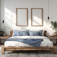 Rustic Wooden Bed with Blue Pillows and Bedside Cabinets | Farmhouse Bedroom Design with Poster Frames