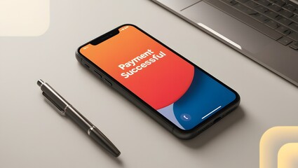 Phone with text payment successful onscreen display. Online internet shopping, purchase invoice. e-shopping , electronic commerce consumer buy goods over Internet 