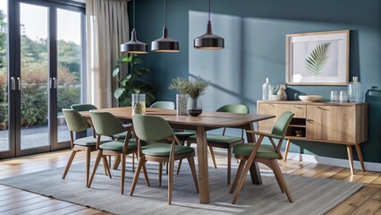Wooden dining table and chairs against green wall. Scandinavian, mid-century home interior design of modern dining room.
