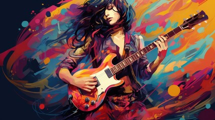 Obraz premium A young woman with long black hair plays a guitar in a vibrant, abstract setting.