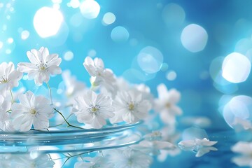 Closeup of white blossoms, soft focus, dreamy bokeh background, light blue tones, springtime, Serene blue leaves with soft bokeh background. Delicate blossoms on a branch with a soft blue background

