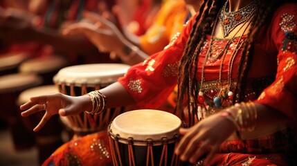 Naklejka premium A woman in traditional Indian clothing plays a drum, her fingers dancing across the skin.