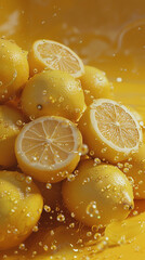 Fresh lemon and lemons slices on sparkling water 