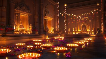 Fototapeta premium Hindu temple illuminated with diyas, festive ambiance, 3D illustration
