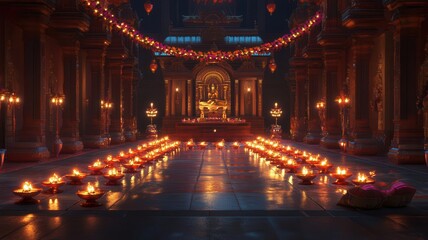 Fototapeta premium Hindu temple illuminated with diyas, festive ambiance, 3D illustration