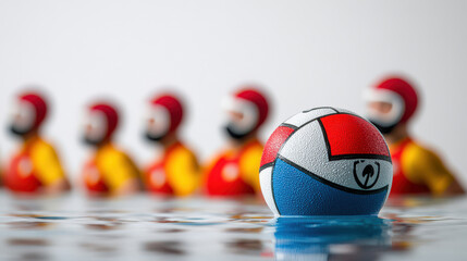 A vibrant water polo ball in focus, with colorful player figurines in the background, showcasing action and teamwork.