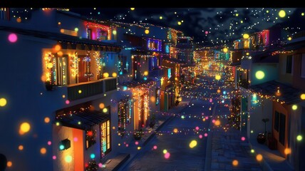 Obraz premium Indian street during Diwali, houses adorned with lights, 3D illustration