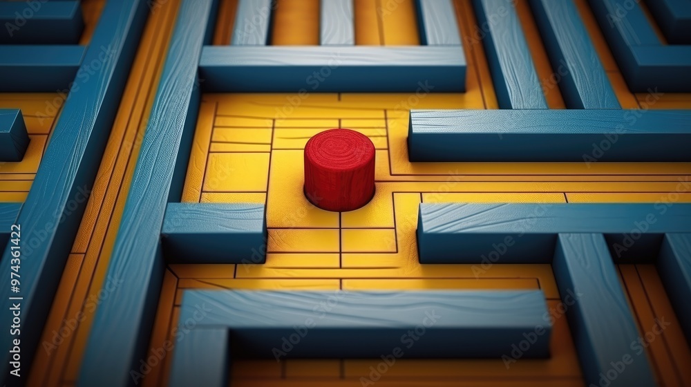Poster a red block sits in the center of a yellow and blue maze, creating a striking contrast.