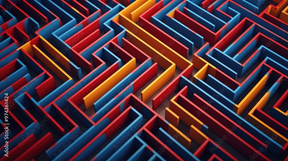 Poster a colorful maze with red, blue and yellow walls creates a complex and intriguing pattern.