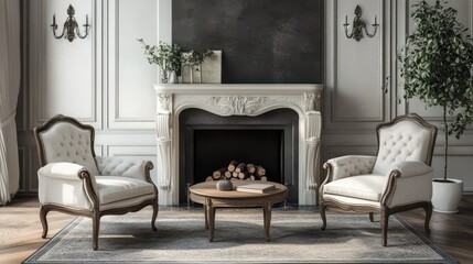 French Country Living Room with Fireplace, Chairs, and Sofa | Modern Interior Design -- 16:9